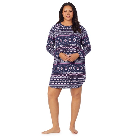 Cuddl Duds Brushed Sweater Knit Long Sleeve Sleepshirt Blue Fair Isle Size L - Picture 1 of 7